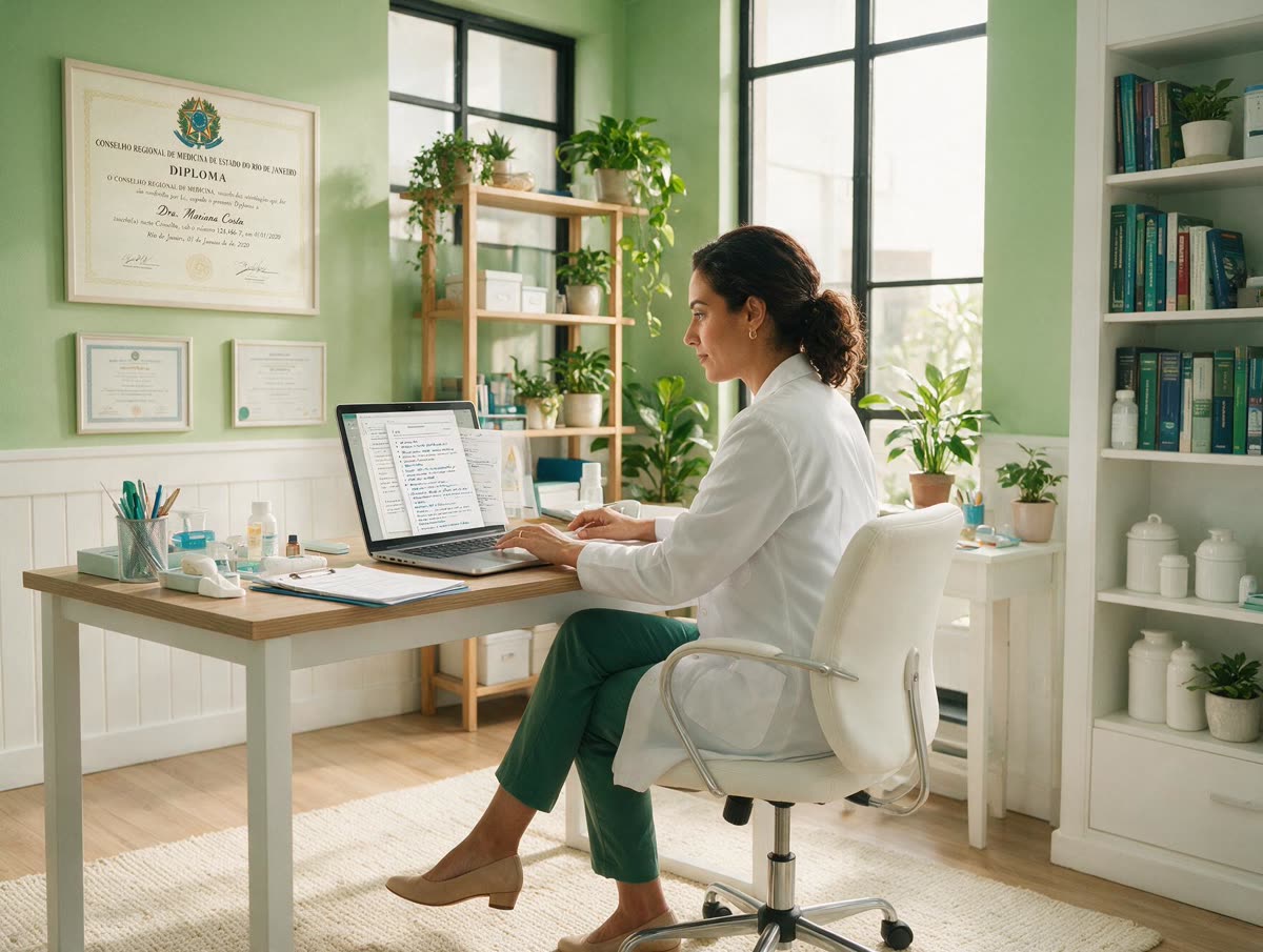 Médica em seu consultório, cliente Cactos